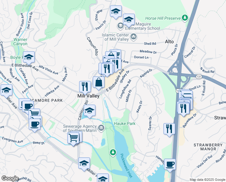 map of restaurants, bars, coffee shops, grocery stores, and more near 149 Shelley Drive in Mill Valley