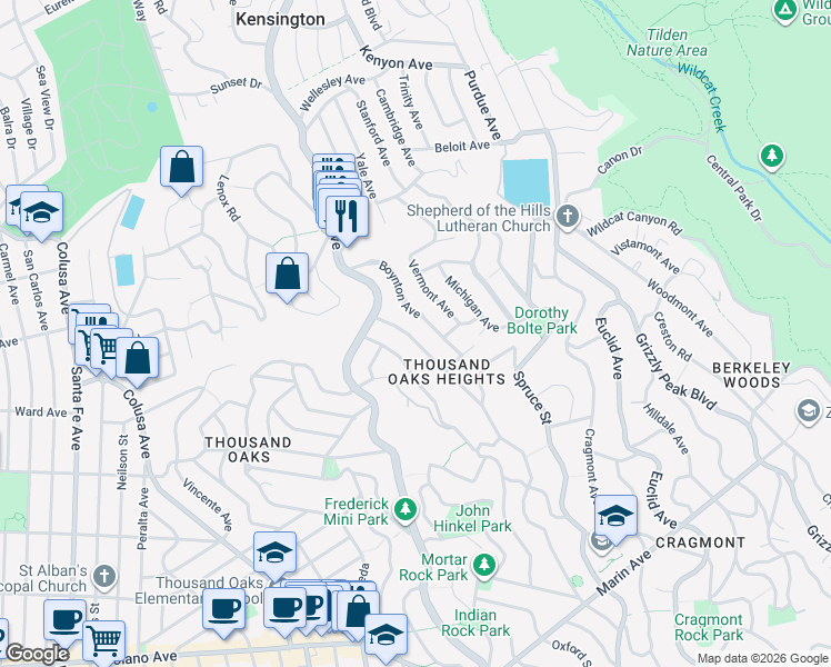 map of restaurants, bars, coffee shops, grocery stores, and more near 549 Santa Barbara Road in Berkeley