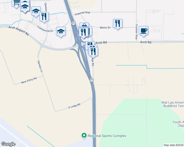 map of restaurants, bars, coffee shops, grocery stores, and more near 5133 California 99 in Stockton