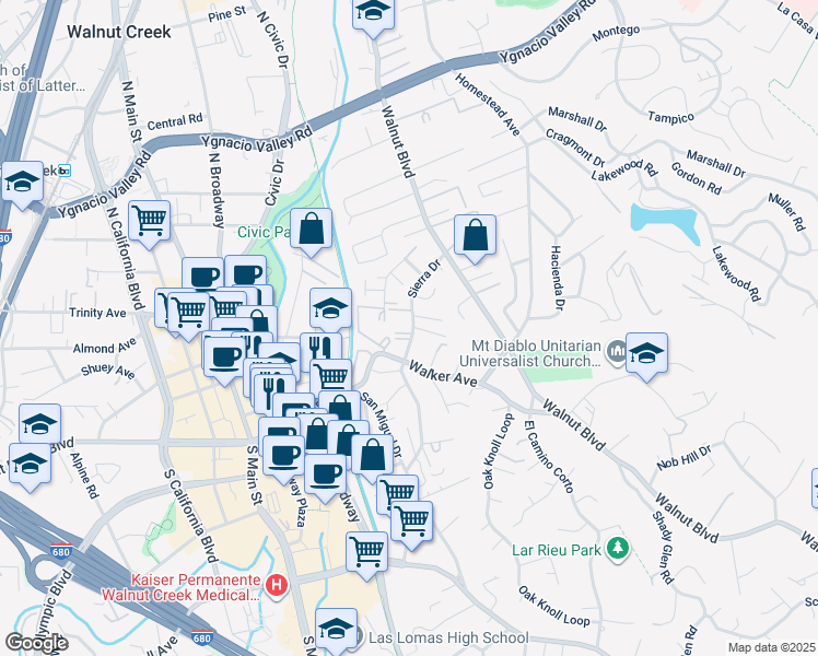 map of restaurants, bars, coffee shops, grocery stores, and more near 182 Sierra Drive in Walnut Creek