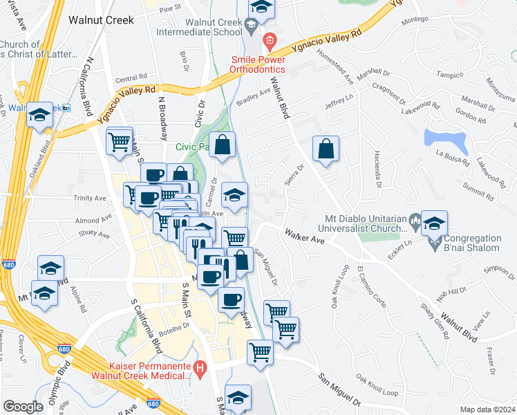 map of restaurants, bars, coffee shops, grocery stores, and more near 1240 Walker Avenue in Walnut Creek