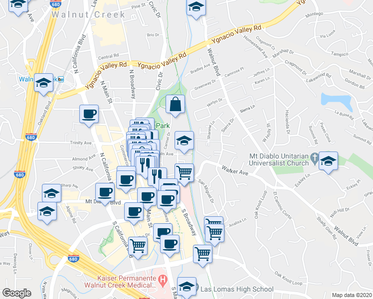 map of restaurants, bars, coffee shops, grocery stores, and more near 132 Village Court in Walnut Creek