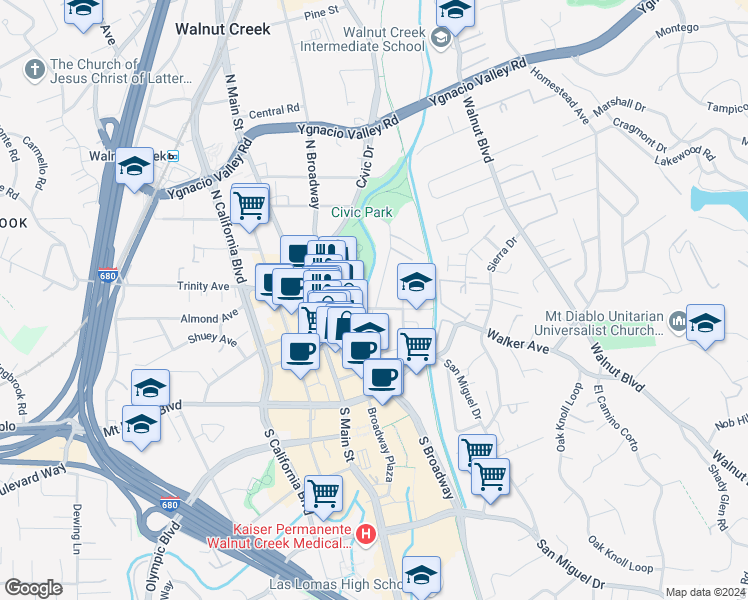 map of restaurants, bars, coffee shops, grocery stores, and more near 1185 Lincoln Avenue in Walnut Creek