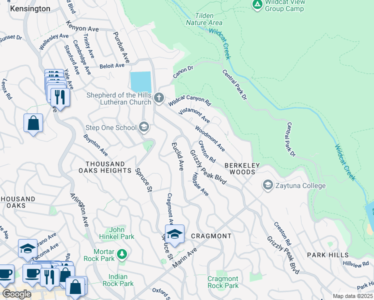 map of restaurants, bars, coffee shops, grocery stores, and more near 620 Grizzly Peak Boulevard in Berkeley