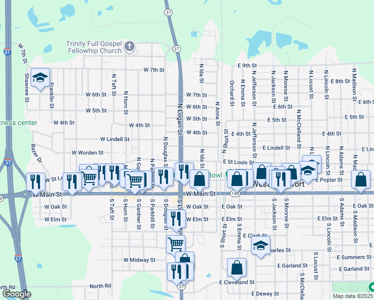 map of restaurants, bars, coffee shops, grocery stores, and more near 203 W St Louis St in West Frankfort