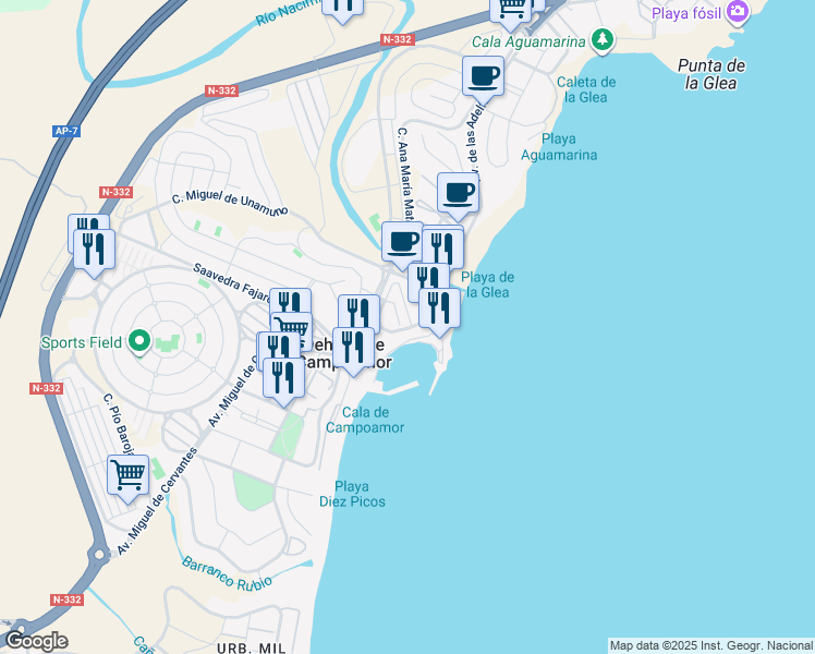map of restaurants, bars, coffee shops, grocery stores, and more near 3 Ronda Ramon de Campoamor in Orihuela
