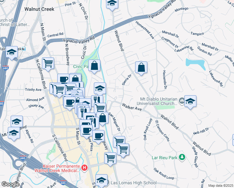 map of restaurants, bars, coffee shops, grocery stores, and more near 1236 Walker Avenue in Walnut Creek