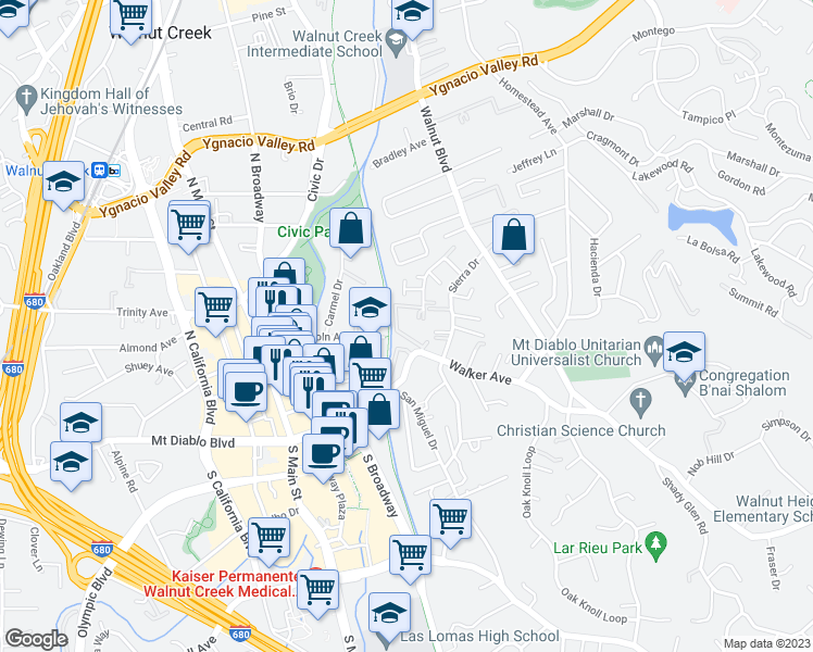 map of restaurants, bars, coffee shops, grocery stores, and more near 1240 Walker Avenue in Walnut Creek