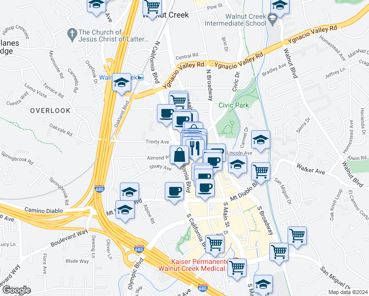 map of restaurants, bars, coffee shops, grocery stores, and more near 1601 Civic Drive in Walnut Creek