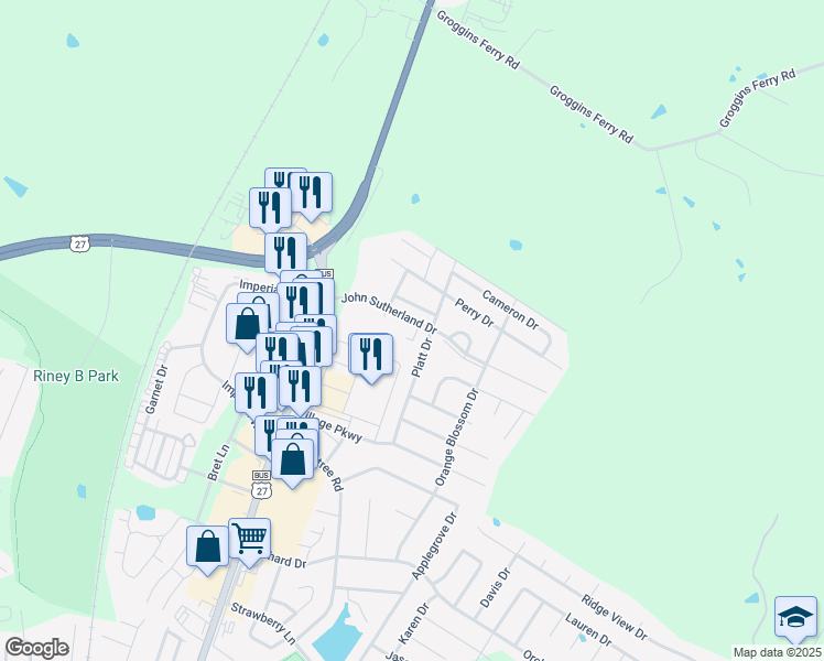 map of restaurants, bars, coffee shops, grocery stores, and more near 230 John Sutherland Drive in Nicholasville