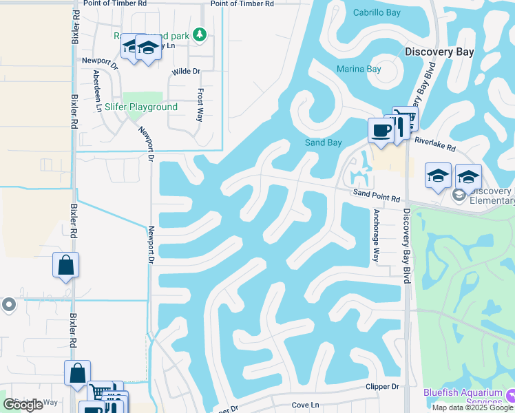 map of restaurants, bars, coffee shops, grocery stores, and more near 1780 Surfside Court in Discovery Bay