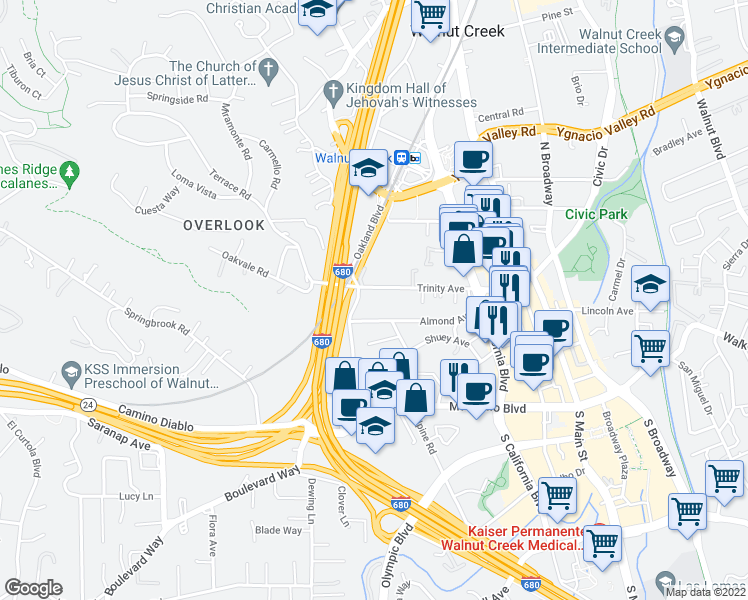map of restaurants, bars, coffee shops, grocery stores, and more near 1945 Trinity Avenue in Walnut Creek