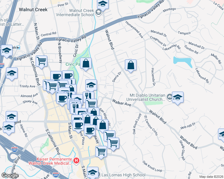 map of restaurants, bars, coffee shops, grocery stores, and more near 182 Sierra Drive in Walnut Creek