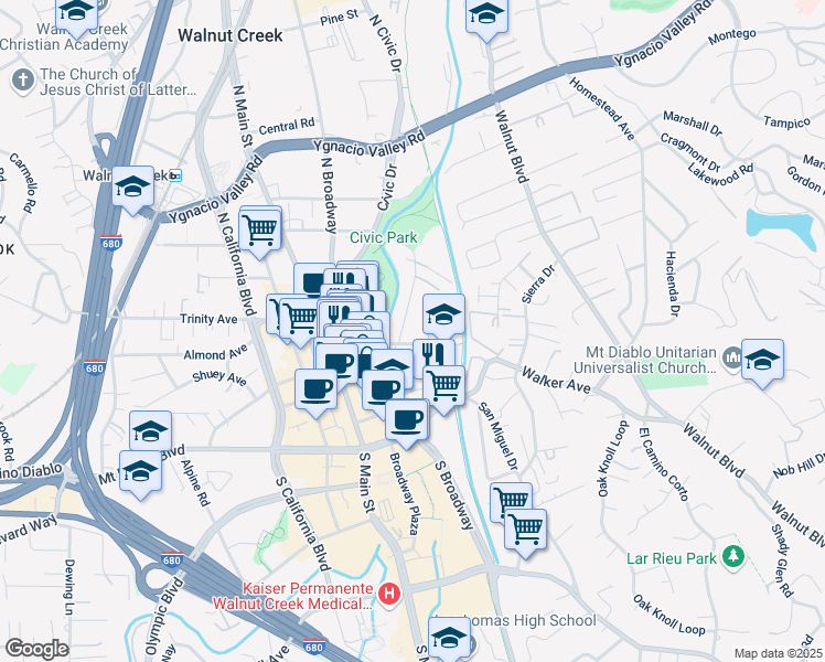 map of restaurants, bars, coffee shops, grocery stores, and more near 1185 Lincoln Avenue in Walnut Creek