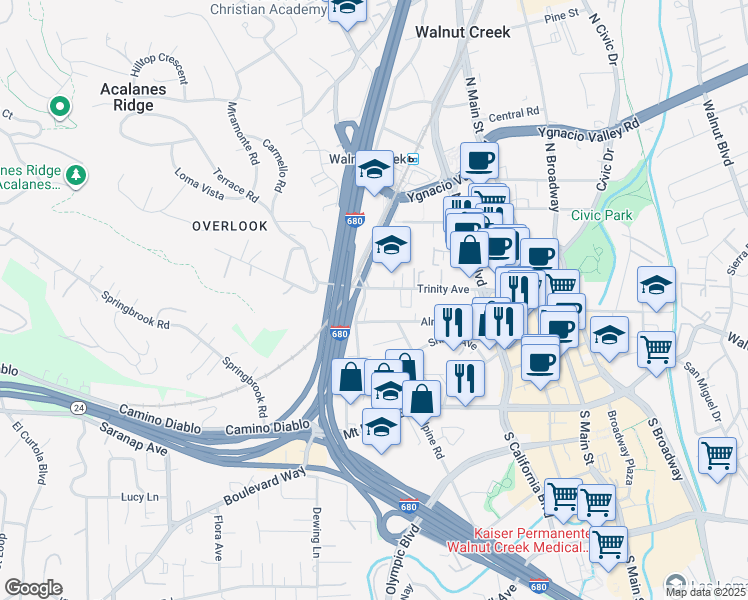 map of restaurants, bars, coffee shops, grocery stores, and more near 1914 Almond Avenue in Walnut Creek