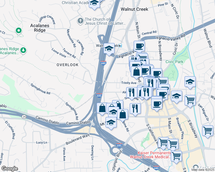 map of restaurants, bars, coffee shops, grocery stores, and more near 1914 Almond Avenue in Walnut Creek