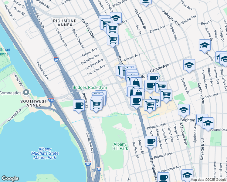 map of restaurants, bars, coffee shops, grocery stores, and more near 5812 San Diego Street in El Cerrito