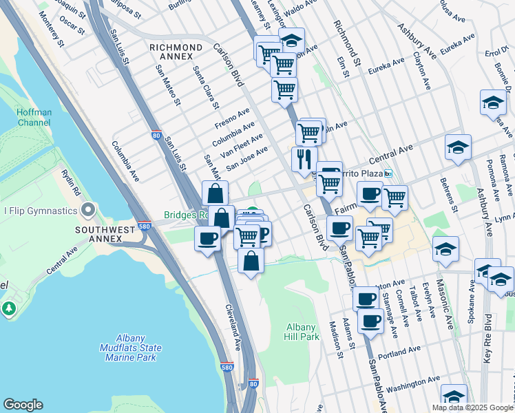 map of restaurants, bars, coffee shops, grocery stores, and more near 3247 Belmont Avenue in El Cerrito
