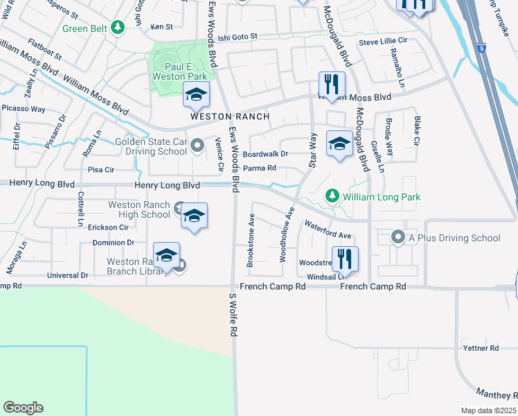 map of restaurants, bars, coffee shops, grocery stores, and more near 4702 Brookstone Avenue in Stockton