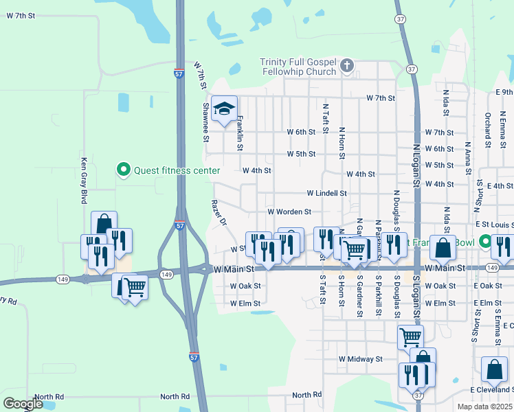 map of restaurants, bars, coffee shops, grocery stores, and more near 216-298 West Worden Street in West Frankfort