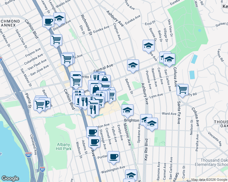 map of restaurants, bars, coffee shops, grocery stores, and more near 305 Coronado Street in El Cerrito
