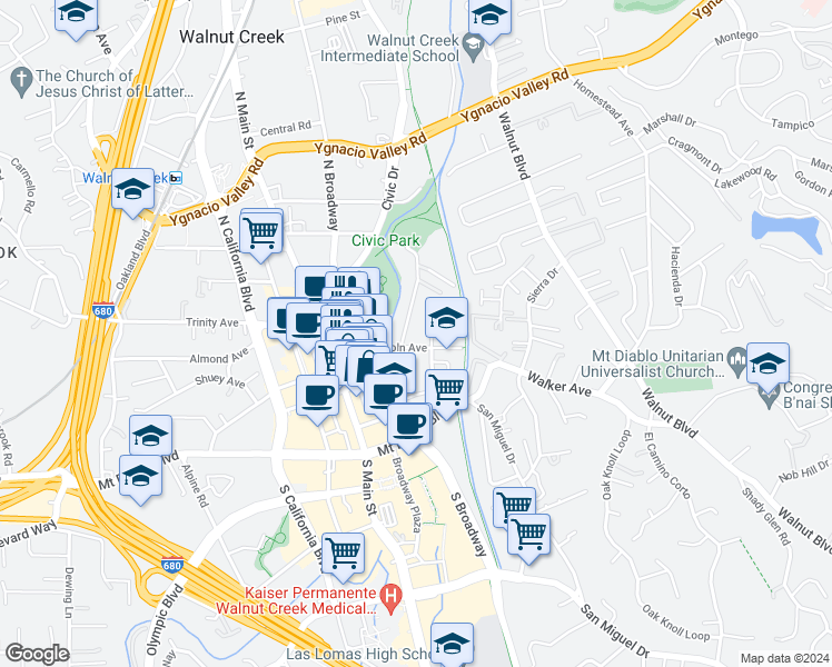 map of restaurants, bars, coffee shops, grocery stores, and more near 1600 Carmel Drive in Walnut Creek