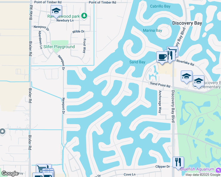 map of restaurants, bars, coffee shops, grocery stores, and more near 1780 Surfside Court in Discovery Bay