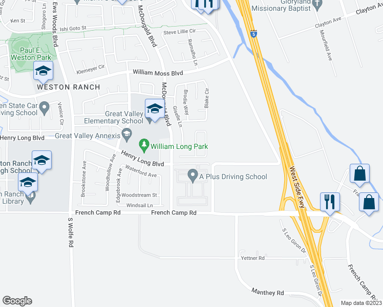 map of restaurants, bars, coffee shops, grocery stores, and more near 669 Brittanyann Lane in Stockton