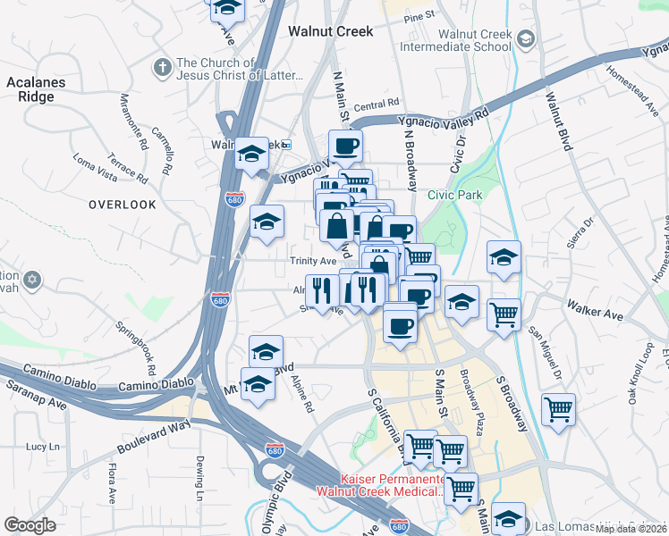 map of restaurants, bars, coffee shops, grocery stores, and more near 1725 Trinity Avenue in Walnut Creek