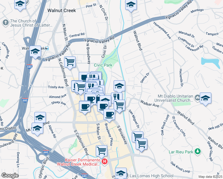 map of restaurants, bars, coffee shops, grocery stores, and more near 1185 Lincoln Avenue in Walnut Creek