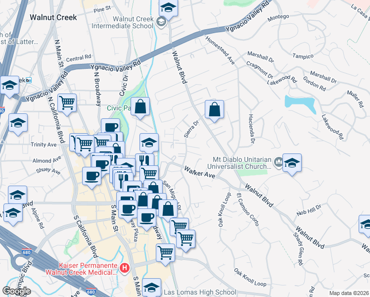 map of restaurants, bars, coffee shops, grocery stores, and more near 175 Sierra Drive in Walnut Creek