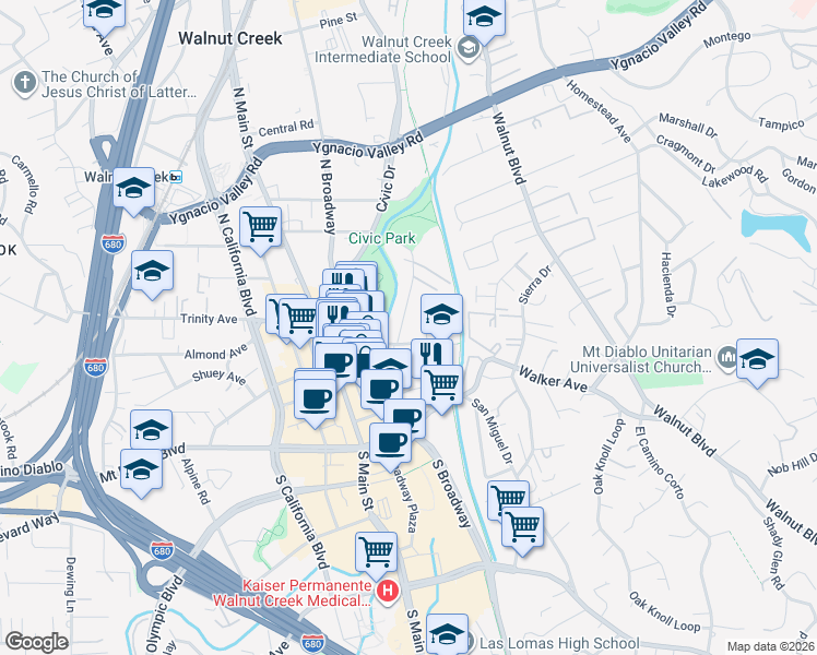 map of restaurants, bars, coffee shops, grocery stores, and more near 1185 Lincoln Avenue in Walnut Creek