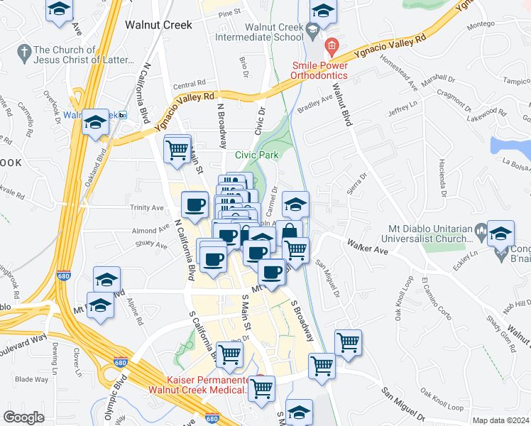 map of restaurants, bars, coffee shops, grocery stores, and more near 1185 Lincoln Avenue in Walnut Creek