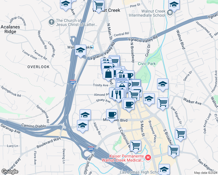 map of restaurants, bars, coffee shops, grocery stores, and more near 1770 Almond Avenue in Walnut Creek