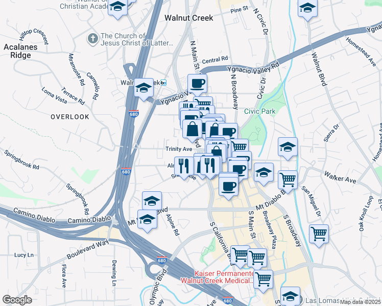 map of restaurants, bars, coffee shops, grocery stores, and more near 1770 Almond Avenue in Walnut Creek