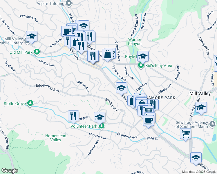map of restaurants, bars, coffee shops, grocery stores, and more near 367 Molino Avenue in Mill Valley