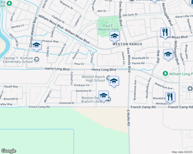 map of restaurants, bars, coffee shops, grocery stores, and more near 4606 McCuen Avenue in Stockton