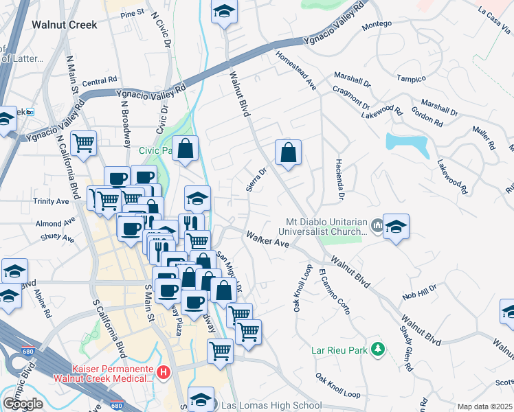 map of restaurants, bars, coffee shops, grocery stores, and more near 148 Sierra Drive in Walnut Creek