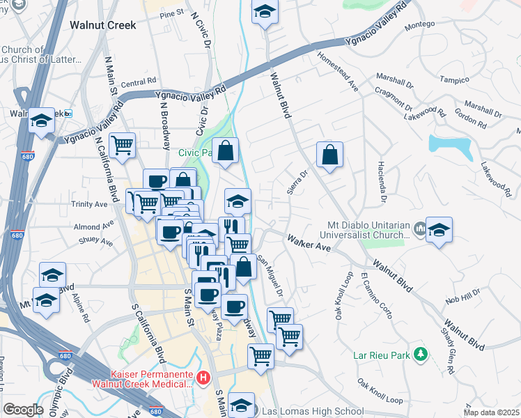 map of restaurants, bars, coffee shops, grocery stores, and more near 1246 Walker Avenue in Walnut Creek