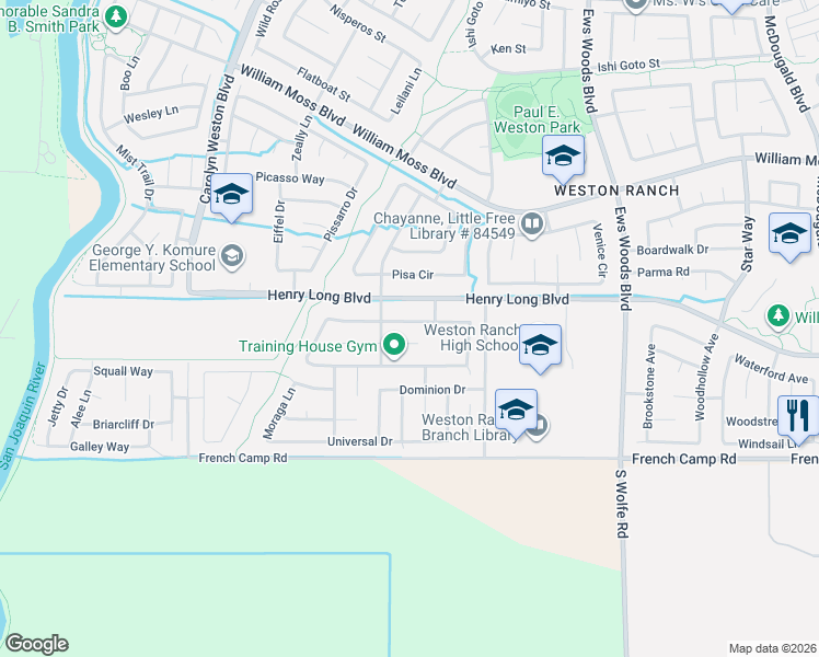 map of restaurants, bars, coffee shops, grocery stores, and more near 1702 Bartlett Court in Stockton