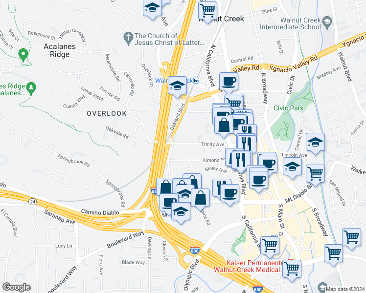 map of restaurants, bars, coffee shops, grocery stores, and more near 1914 Almond Avenue in Walnut Creek