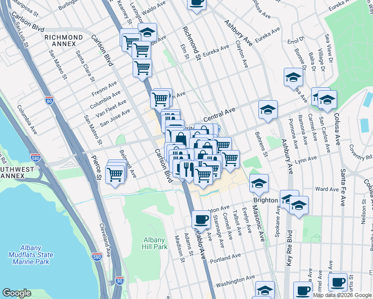 map of restaurants, bars, coffee shops, grocery stores, and more near 6420 Fairmount Avenue in El Cerrito