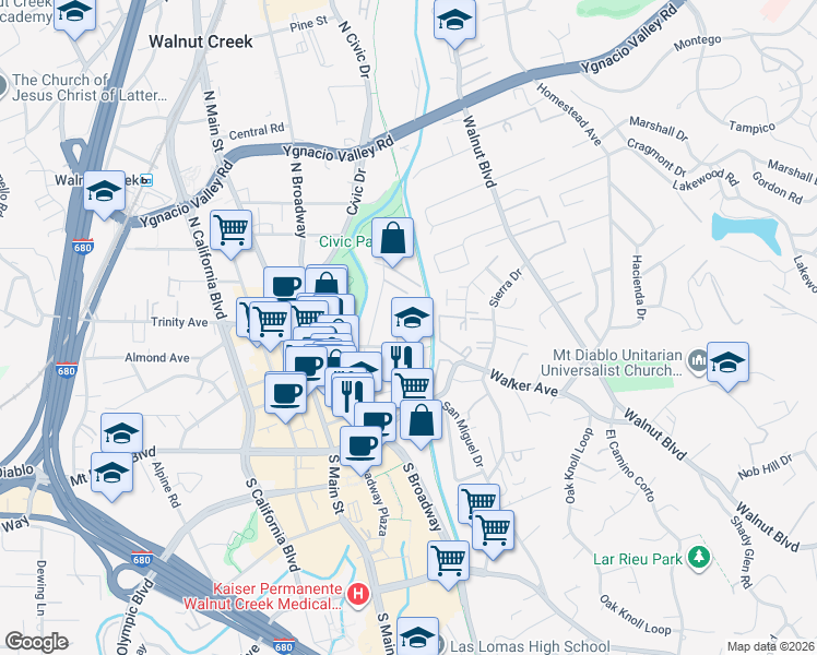 map of restaurants, bars, coffee shops, grocery stores, and more near 1160 Lincoln Avenue in Walnut Creek