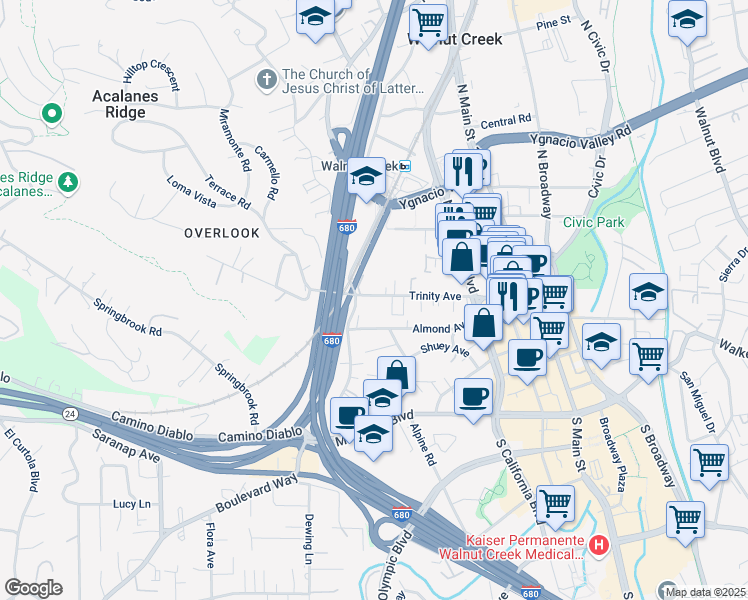 map of restaurants, bars, coffee shops, grocery stores, and more near 1945 Trinity Avenue in Walnut Creek