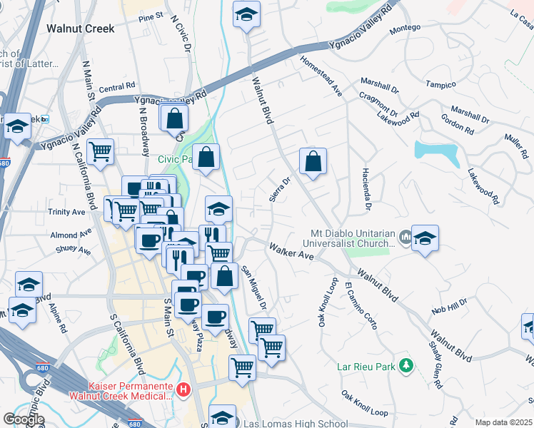 map of restaurants, bars, coffee shops, grocery stores, and more near 14 Edmund Court in Walnut Creek