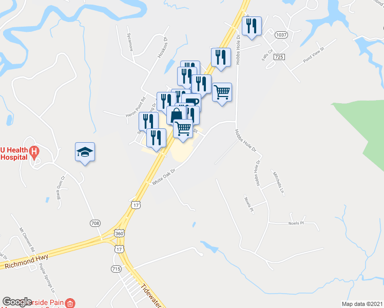 map of restaurants, bars, coffee shops, grocery stores, and more near White Oak Drive in Tappahannock