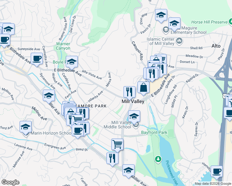map of restaurants, bars, coffee shops, grocery stores, and more near 517 East Blithedale Avenue in Mill Valley