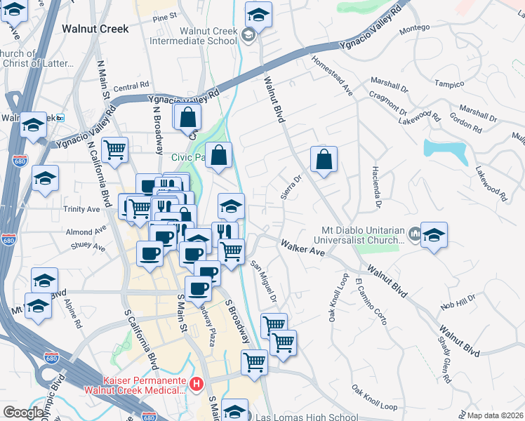 map of restaurants, bars, coffee shops, grocery stores, and more near 150 Sharene Lane in Walnut Creek