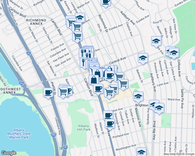 map of restaurants, bars, coffee shops, grocery stores, and more near 10066 San Pablo Avenue in El Cerrito