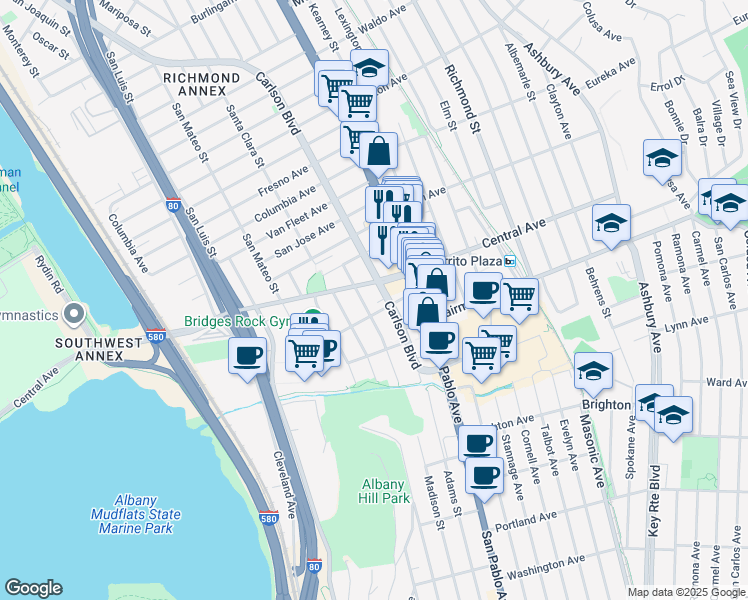 map of restaurants, bars, coffee shops, grocery stores, and more near 3124 Yosemite Avenue in El Cerrito